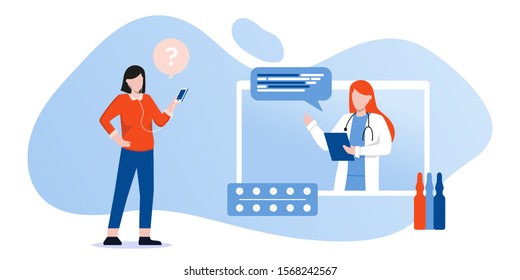 Patient consultation to the doctor via smartphone. Online medical support. Online doctor. Healthcare services, Ask a doctor. Family female doctor, gynecologist with stethoscope on the screen