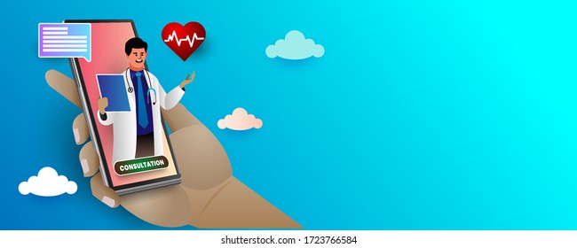 Patient consultation to the doctor via smartphone. Ask doctor. Online medical advise or consultation service, tele medicine, cardiology, Vector illustration.