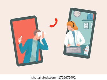 Patient consultation to the doctor via smartphone. Online medical support. Online doctor. Healthcare services, Ask a doctor. Man with fever ask for online consultation. Female doctor answers him.