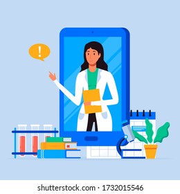 Patient consultation to the doctor via smartphone. Online medical support. Online doctor. Healthcare services, Ask a doctor. Family doctor, therapist with stethoscope on the screen. Tele medicine