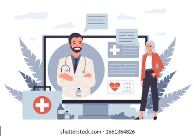 Patient consulting doctor online. Woman talking to physician through video call flat vector illustration. Healthcare, internet, communication concept for banner, website design or landing web page
