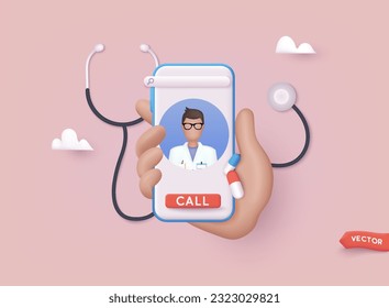 Consultor médico de pacientes usando tecnología en línea a través de una aplicación para smartphones. Ilustraciones de vectores Web 3D.