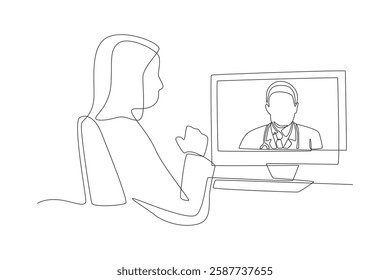 Patient is consulting with a doctor via video call. Virtual consultation with doctors over video call concept one-line drawing