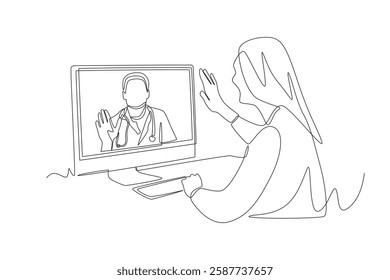 Patient is consulting with a doctor via video call. Virtual consultation with doctors over video call concept one-line drawing