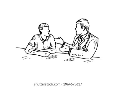 A Patient Is Consulting A Specialist Doctor In A Room. Vector Draw Graphic Design Illustration Sketch 