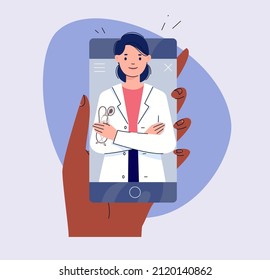 Patient consults with doctor via video link. Medical online consultation. Smartphone in hand. Flat cartoon vector illustration.