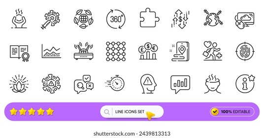 Paciente, tasa de cambio e iconos de línea de computación en la nube para la aplicación web. Pack de iconos de Lotus, Certificate, Place pictogram. Densidad, Eco orgánico, Huellas dactilares. Coronavirus. Barra de búsqueda. Vector