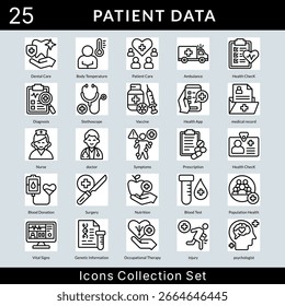 Patient Data icon set collection in outline style. an icon pack contain patient care, ambulance, health check, diagnosis, stethoscope, vaccine, health app, medical record, nurse, doctor
