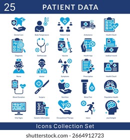 Sammlung von Patientendaten-Symbolen im durchgezogenen Symbolstil. ein Symbolpaket enthält Patientenversorgung, Krankenwagen, Gesundheitscheck, Diagnose, Stethoskop, Impfstoff, Gesundheits-App, Krankenakte, Krankenschwester, Arzt