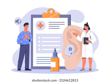 Patient with deafness. Man and woman in medical uniform near ear. Healthcare and medicine. Diagnosis and treatment. ENT with patient. Flat vector illustration isolated on white background