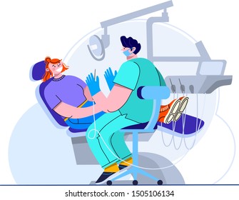 Patient in a dental chair at the dentist's office. Vector illustration. Cartoon characters. Tooth doctor examines the patient.