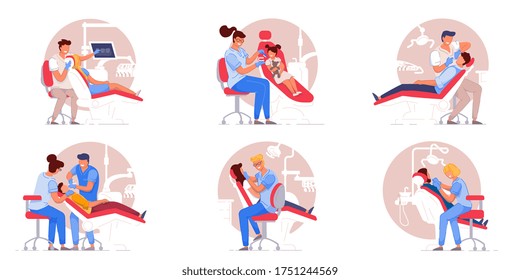 Patient in dentist chair. Doctor specialist examining or treating patient teeth set. People in chair visiting dentist in dental clinic office collection. Stomatology, healthcare and dentistry concept