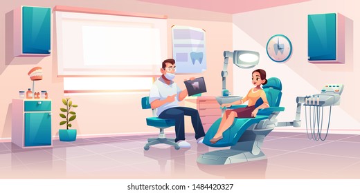 Patient At Dentist Office, Young Woman Sitting In Medical Chair At Stomatology Cabinet For Appointment Doctor Show X-ray Of Bad Tooth. Girl Visit Clinic For Teeth Treatment Cartoon Vector Illustration