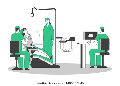 Patient at Dentist Office. Young Woman Sitting in Medical Chair at Stomatology Cabinet, Doctor Watching X-ray of Bad Tooth on Pc. Girl Visit Clinic for Teeth Treatment Cartoon Flat Vector Illustration