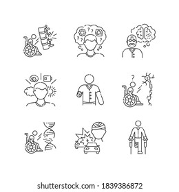 Patient with disability linear icons set. Handicapped man. Paralyzed person in wheelchair. Customizable thin line contour symbols. Isolated vector outline illustrations. Editable stroke