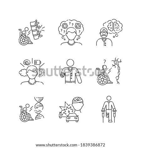 Patient with disability linear icons set. Handicapped man. Paralyzed person in wheelchair. Customizable thin line contour symbols. Isolated vector outline illustrations. Editable stroke