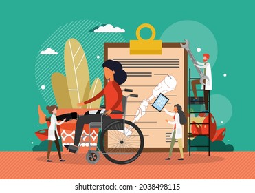 Patient with disability in wheelchair visiting doctor to put on prosthetic leg. Disabled health care vector illustration