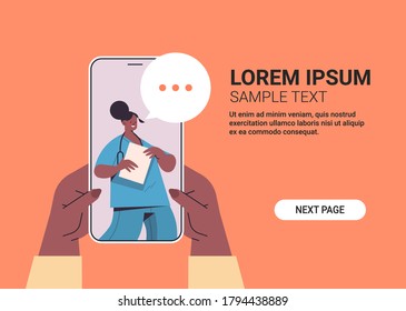 patient discussing with female doctor in smartphone screen chat bubble communication online consultation healthcare medicine medical advice concept horizontal copy space vector illustration