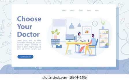 Patient Discussing Health Issues with Specialist. Young Man Visiting Doctor in Her Office. General Practitioner Wearing White Coat Looking Through Test Results. Landing Page with Space for Extra Text.