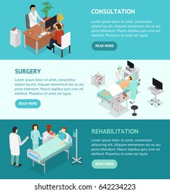 Patient and Doctor Appointment Banner Isometric View. Consultation Surgery and Rehabilitation Specialist in Cabinet Interior of Clinic Vector illustration