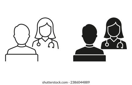 Patient and Doctor Consultation. Health Care Symbol Collection. Psychotherapist Talk with Client. Hospital Physician Counseling Patient Line and Silhouette Icon Set. Isolated Vector Illustration.