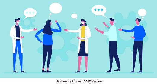 Patient and doctor with face mask talking, examination and check up. Medical care vector illustration. Diagnosis and treatment of coronavirus. Healthcare concept banner. COVID-19 Vaccine treatment.