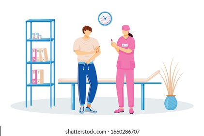 Patient And Doctor Flat Color Vector Faceless Character. Man With Skin Rash. Woman Making Injection. Vaccination For Male Patient. Medicinal Disease Treatment Isolated Cartoon Illustration