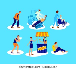 Patient and doctor flat color vector faceless character set. Unwell man. Sick woman. Health care examination isolated cartoon illustration for web graphic design and animation collection