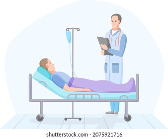 Patient and doctor in hospital room, person on intravenous therapy treatment in sickroom, ill men on recovery in clinic, healthcare concept, vector