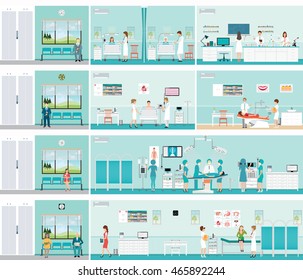 Patient And Doctor in hospital,surgery operation room, post-operation ward, laboratory, medical check up interior room,cardiology center, dental care, characters health care vector illustration.