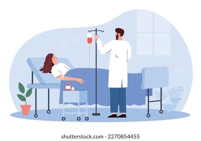 Patient and doctor. Man in medical gown renews medicine for young girl. Treatment and recovery after surgery. People in ward, hospital. Hospitalization concept. Cartoon flat vector illustration