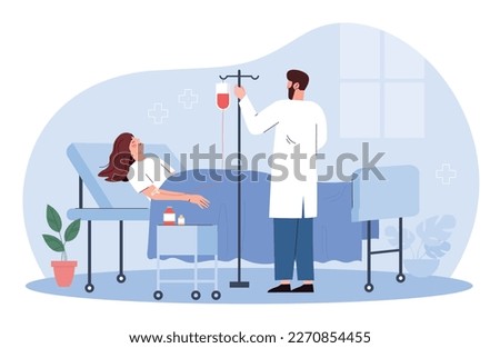 Patient and doctor. Man in medical gown renews medicine for young girl. Treatment and recovery after surgery. People in ward, hospital. Hospitalization concept. Cartoon flat vector illustration Foto stock © 