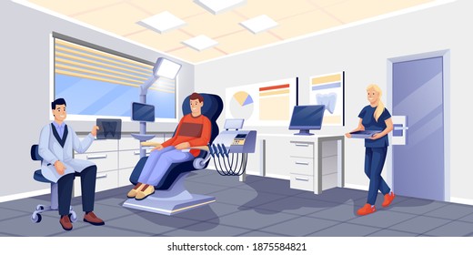 Patient, doctor and nurse in dentist office. Dental healthcare vector illustration. Man sitting in chair, doctor holding xray of tooth, nurse with instruments. Dentistry equipment.