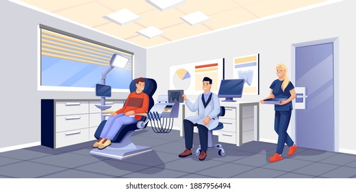 Patient, doctor and nurse in dentist office. Dental healthcare vector illustration. Man sitting in chair, doctor holding xray of tooth, nurse with instruments. Dentistry equipment.