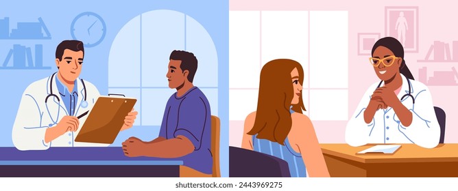 Patient in doctor office illustration set. Man and woman getting consultation from medical worker or therapist. Visiting clinic, diagnosis and treatment of diseases. Cartoon flat vector collection