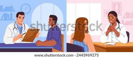 Patient in doctor office illustration set. Man and woman getting consultation from medical worker or therapist. Visiting clinic, diagnosis and treatment of diseases. Cartoon flat vector collection