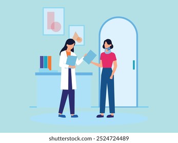 Patient in doctor office. Physician medical consulting. Diagnosis treatment patients in hospital, healthcare vector concept. Diagnosis patient and care, treatment healthcare illustration