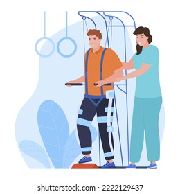 Patient doctor orthopedic therapy rehabilitation exercise for legs injury vector flat illustration. Physical recovery assistance support balance walker medical rehab. Restoring health after illness