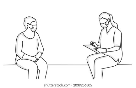 Patient and doctor in protection mask sit opposite each other, keeping a distance. Hand drawn vector illustration. Black and white.