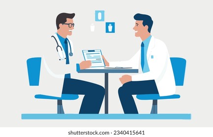 El paciente y el doctor están hablando en el consultorio. Salud y medicina. Un joven está sentado en una silla. Un tipo en la cita con el doctor. Ilustración de dibujos animados de vector plano.