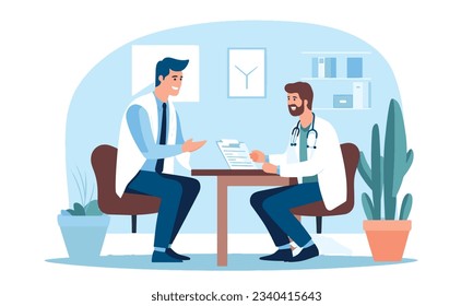 The patient and the doctor are talking in the office. Health and medicine. Young man is sitting on a chair. Guy at a doctor's appointment. Flat vector cartoon illustration.