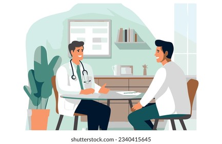 The patient and the doctor are talking in the office. Health and medicine. Young man is sitting on a chair. Guy at a doctor's appointment. Flat vector cartoon illustration.