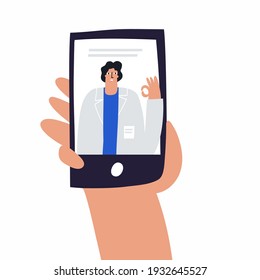 Patient and doctor video communication through smartphone. Online healthcare service app. Mobile medicine consultation flat vector template. Virtual medic help, checkup. Internet telemedicine concept