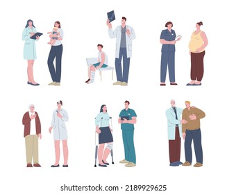 Patient doctor visiting. Women patients, families and seniors. Medical care for pregnant, gastroenterologist and physicians therapy. Hospital team kicky vector characters