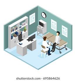 Patient in doctors office with modern diagnostic equipment on reception at cardiologist isometric design concept vector illustration 