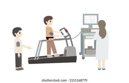 Patient is doing exercise stress test (EST) with doctor and nurse in hospital