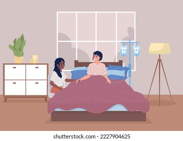Patient with drop counter at home flat color vector illustration. Woman visiting sick friend. Medical treatment. Fully editable 2D simple cartoon characters with bedroom on background