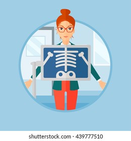 Patient während der BrustRöntgenuntersuchung im Untersuchungsraum. Junge Frau mit Röntgenbild, die ihr Skelett im Arztbüro zeigt. Vektorflache Design-Illustration im Kreis einzeln auf Hintergrund.