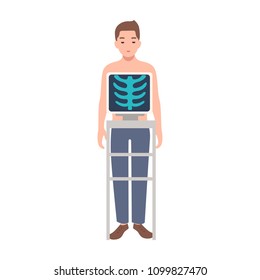 Patient during medical procedure of taking chest radiograph isolated on white background. Young man standing inside X-ray machine and picture of his rib cage on monitor. Cartoon vector illustration