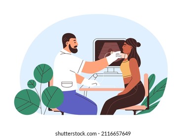 Patient during thyroid gland ultrasound. Doctor checking, scanning throat with ultrasonography. Medical checkup with scanner at physicians. Flat vector illustration isolated on white background